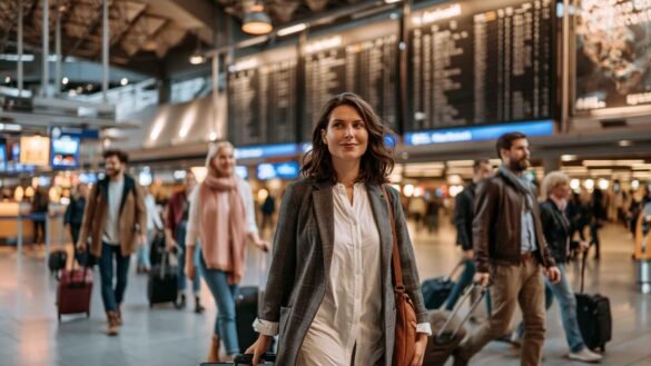 Frankfurt Airport arrival area with travelers walking through the terminal after landing near large arrivals boards and luggage areas