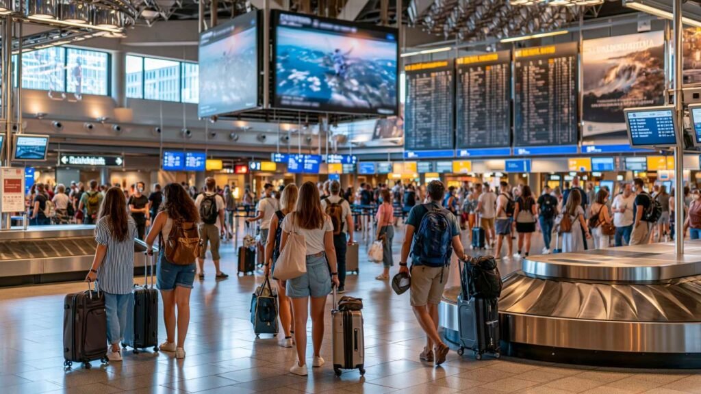 Frankfurt Airport baggage claim area with travelers collecting luggage near arrival boards and baggage carousels after landing