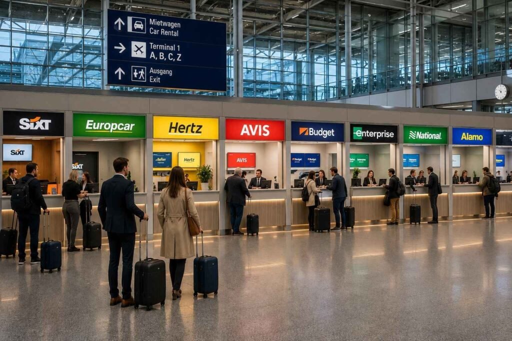 Frankfurt Airport car rental center with multiple international rental company counters serving travelers inside the terminal