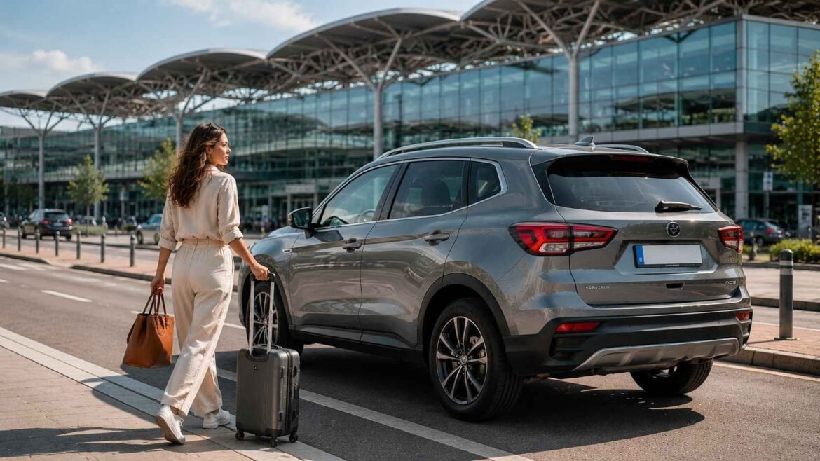 Frankfurt Airport Car Rental traveler walking toward a rental SUV with luggage outside the airport terminal before a road trip in Germany