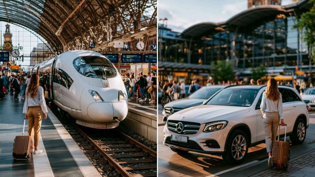Frankfurt Airport car rental vs train travel comparison showing a traveler choosing between a rental vehicle and Germany's high-speed rail network.