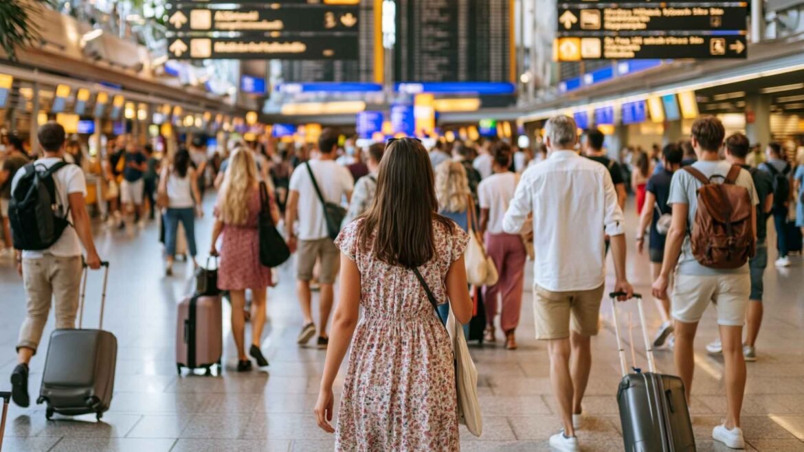 Frankfurt Airport to city center transfer area with travelers walking toward train and transport signs inside a busy terminal