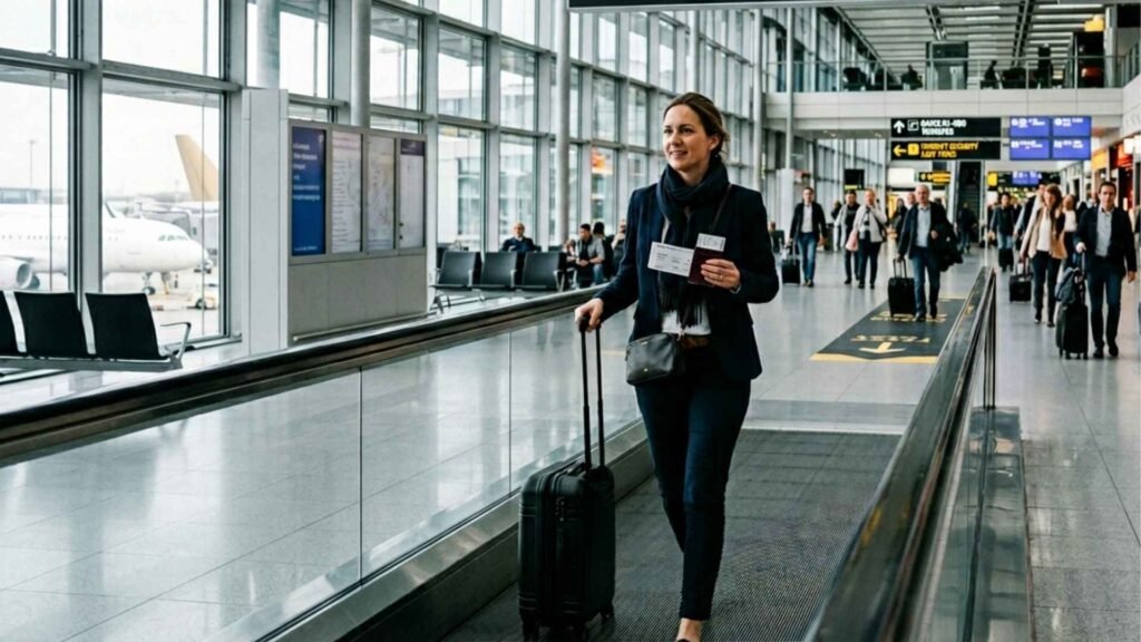 Connecting passenger walking through a Frankfurt Airport transit corridor with a boarding pass and carry-on luggage