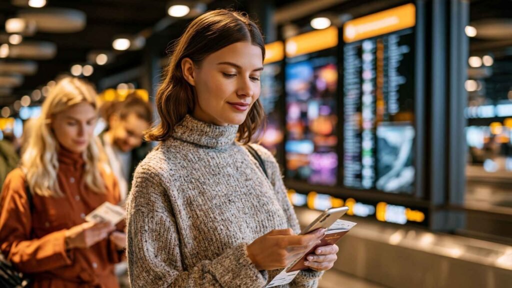Traveler checking passport, boarding pass, and smartphone at Frankfurt Airport while reviewing entry requirements before travel