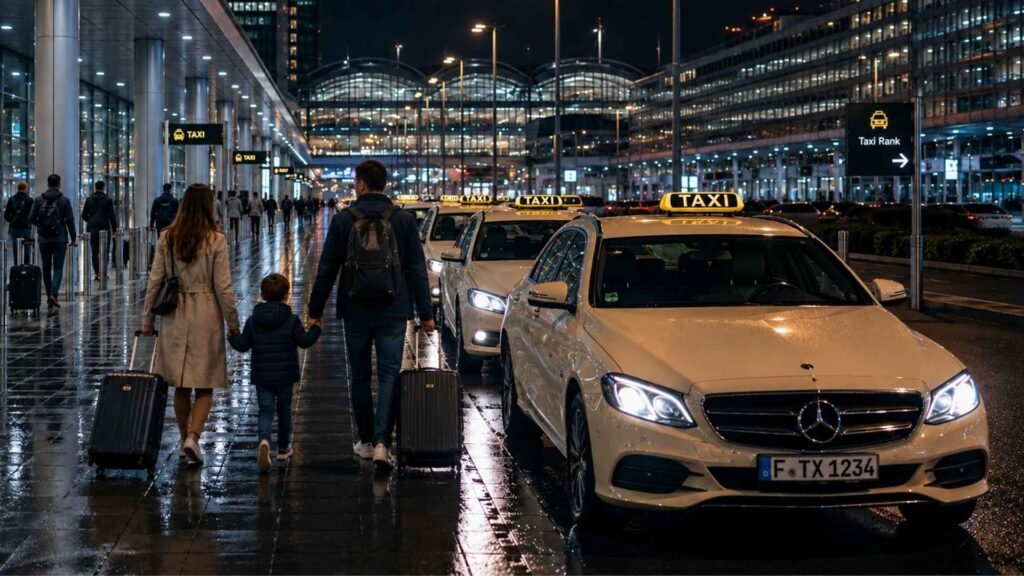 Family with luggage walking toward the taxi rank outside Frankfurt Airport at night while heading into the city after arrival
