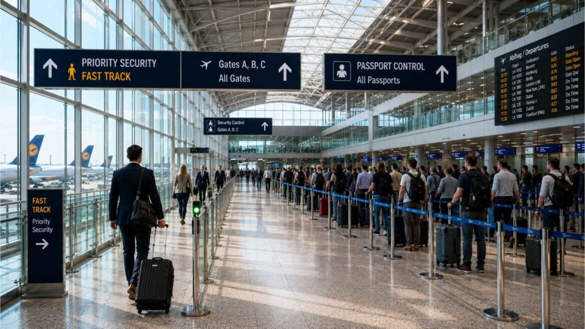 Frankfurt Airport Fast Track priority security lane beside standard passenger queues in Terminal 1 departures area