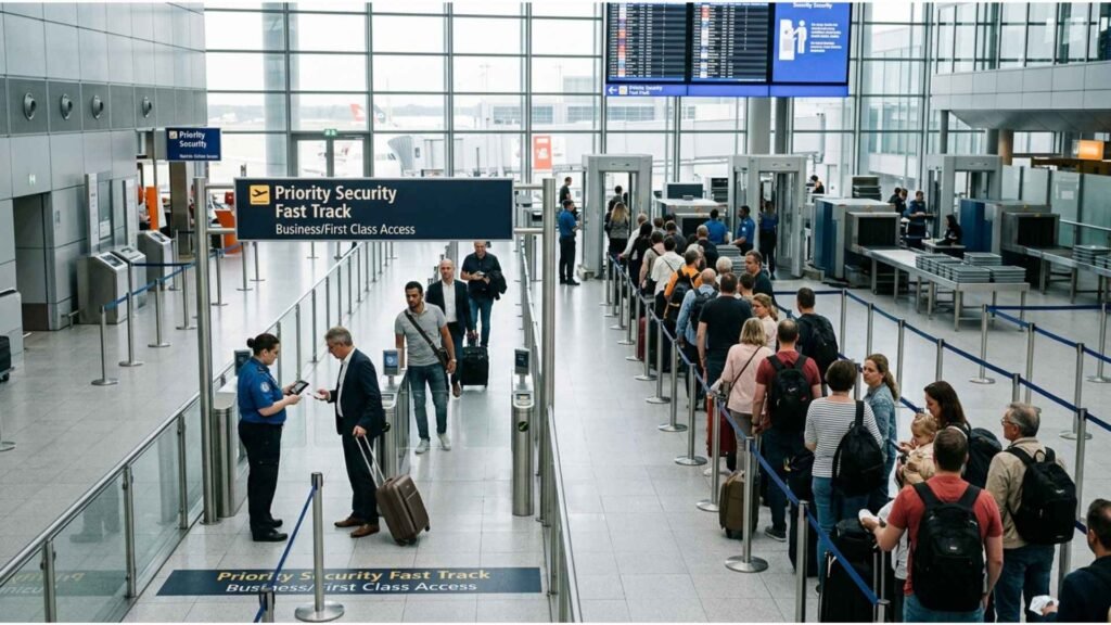 Passengers using Frankfurt Airport Fast Track security access beside a longer standard security queue in Terminal 1