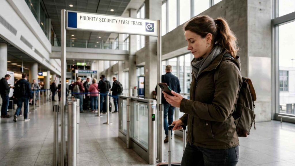 Traveler checking a security reservation on a smartphone before entering a Frankfurt Airport Fast Track security lane