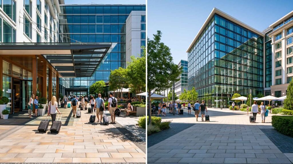 Comparison of Frankfurt Airport hotel areas showing terminal-connected hotels and Gateway Gardens business district accommodation zones