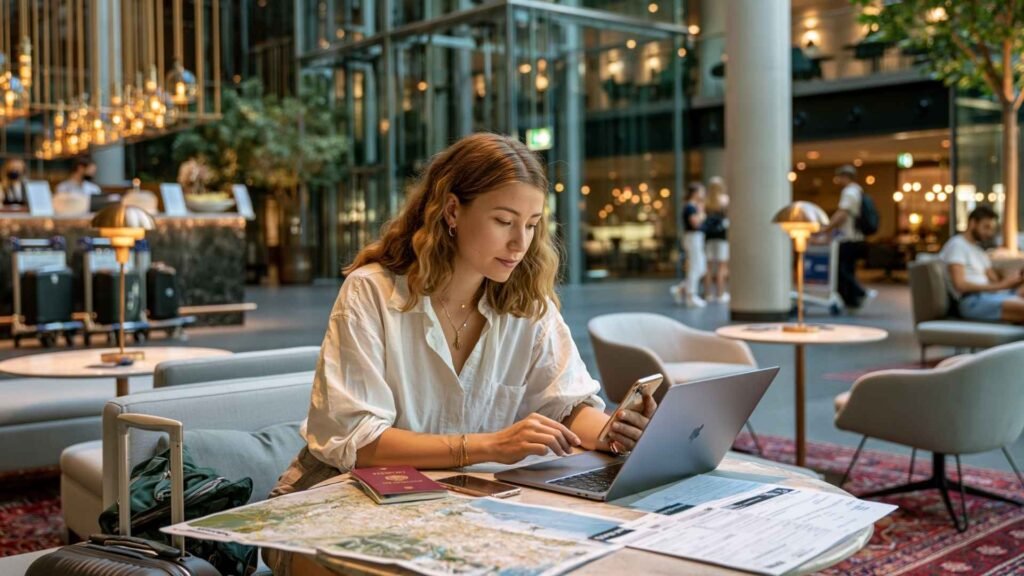 Female traveler reviewing hotel reservation details with laptop, passport, map, and travel documents inside a Frankfurt Airport hotel lounge