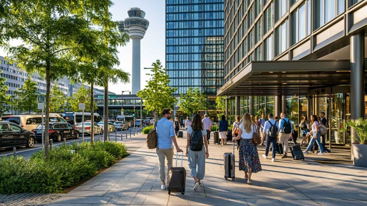 Frankfurt Airport hotels near terminal areas with travelers walking toward a modern airport hotel district beside airport infrastructure