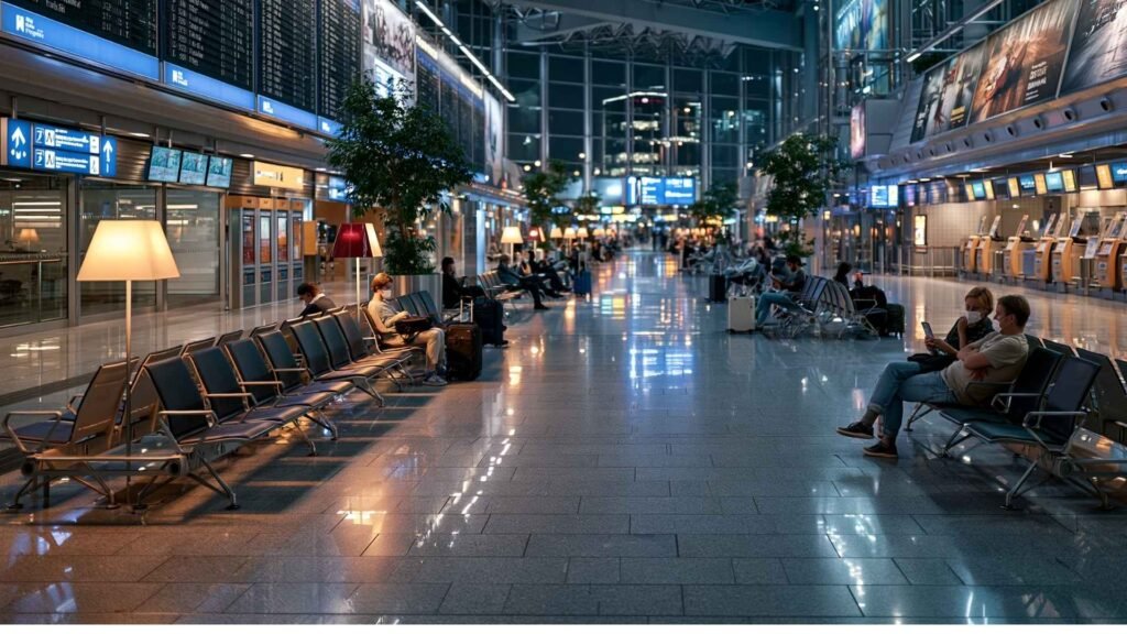 Frankfurt Airport late night arrivals area with waiting passengers, seating areas, and illuminated terminal spaces during evening hours