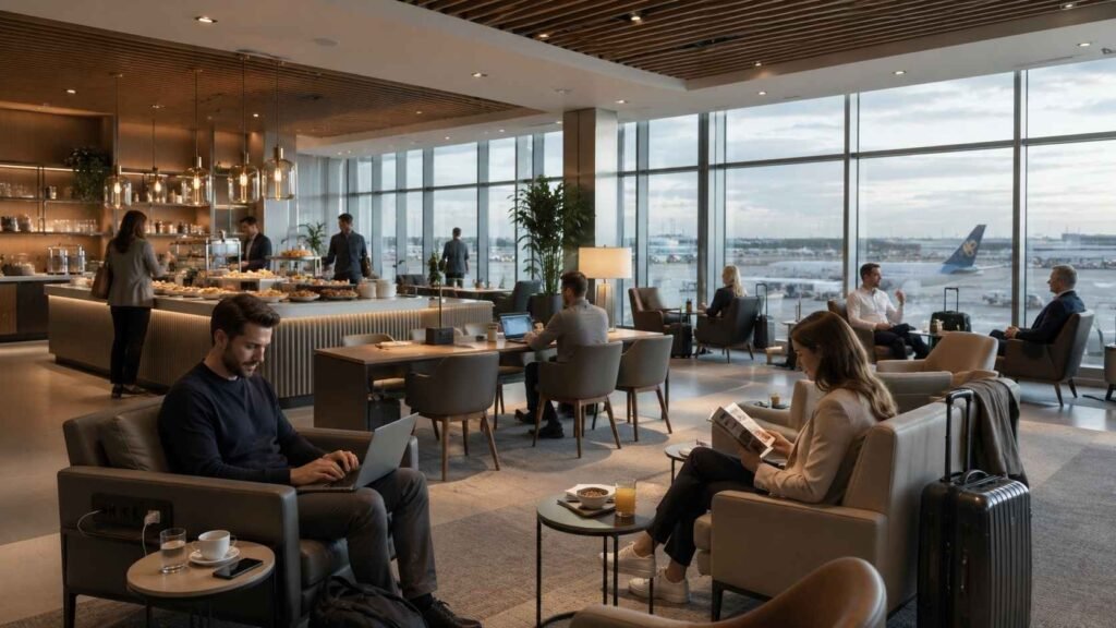 Frankfurt Airport lounge interior showing seating areas, buffet services, workspace zones, and travelers relaxing before flights.