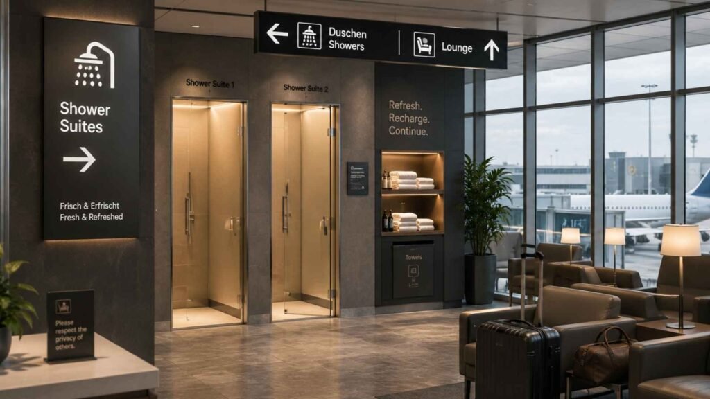 Frankfurt Airport lounge shower area featuring shower suites, lounge seating, towels, and carry-on luggage for travelers during long layovers or transit connections.