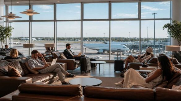 Frankfurt Airport lounges interior showing travelers relaxing inside a modern airport lounge with apron views, seating areas, and carry-on luggage during daytime travel.