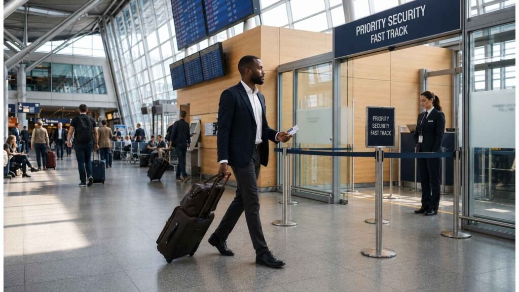 Business traveler approaching a Frankfurt Airport Priority Security Fast Track entrance with boarding pass and carry-on luggage