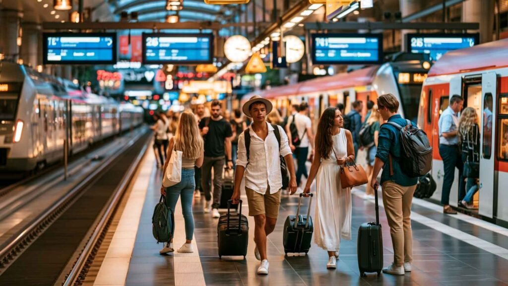 Passengers carrying luggage between train platforms at Frankfurt Airport while preparing for onward rail connections into Frankfurt
