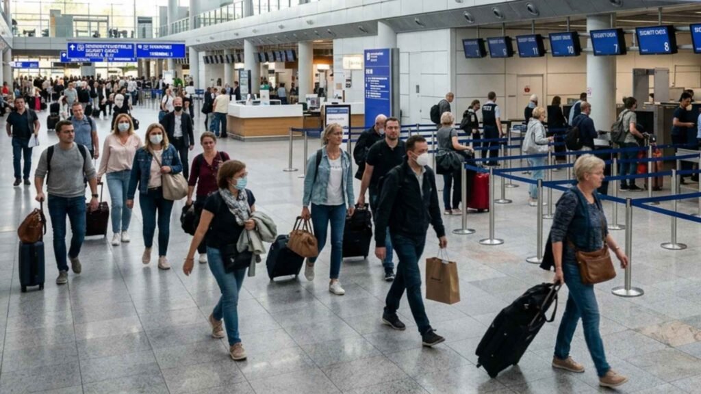Frankfurt Airport security checkpoint at Terminal 1 with travelers passing through screening and departure gates A, B, and C