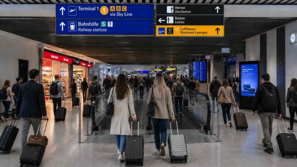 Frankfurt Airport terminal corridor showing travelers with luggage walking beneath terminal signs and lounge directions inside a busy international airport.