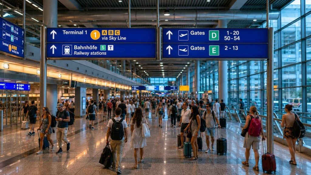Travelers walking beneath terminal signs showing Terminal 1, SkyLine, railway stations, and transport connections inside Frankfurt Airport