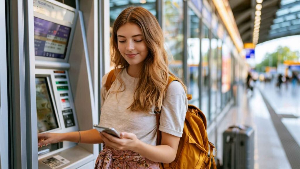 Traveler using a ticket machine and smartphone at Frankfurt Airport station before taking a train into central Frankfurt