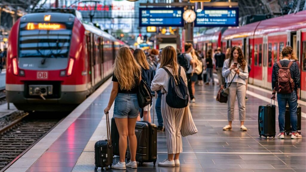 Travelers with luggage waiting beside regional trains at a busy Frankfurt Airport train platform before heading into central Frankfurt