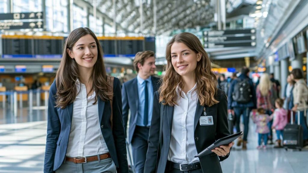 Frankfurt Airport VIP Departure Service representative escorting a traveler through the departure terminal with flight information displays and check-in facilities in the background.