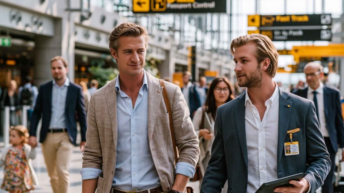 Frankfurt Airport VIP Services representative assisting a traveler through the terminal with Meet and Assist support near Fast Track and Passport Control areas