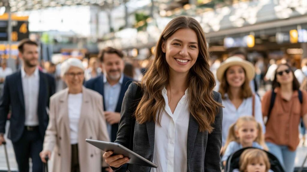 Frankfurt Airport VIP services concierge assisting business travelers, families with children and elderly passengers through the airport terminal
