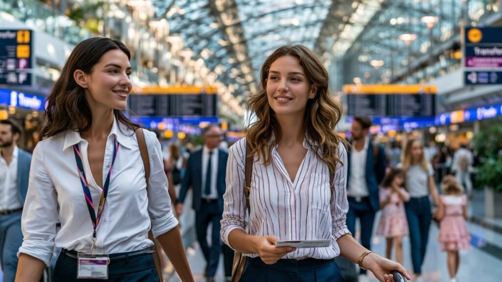 Frankfurt Airport VIP Transit Service representative assisting a connecting passenger through the transfer process inside a busy international terminal concourse.