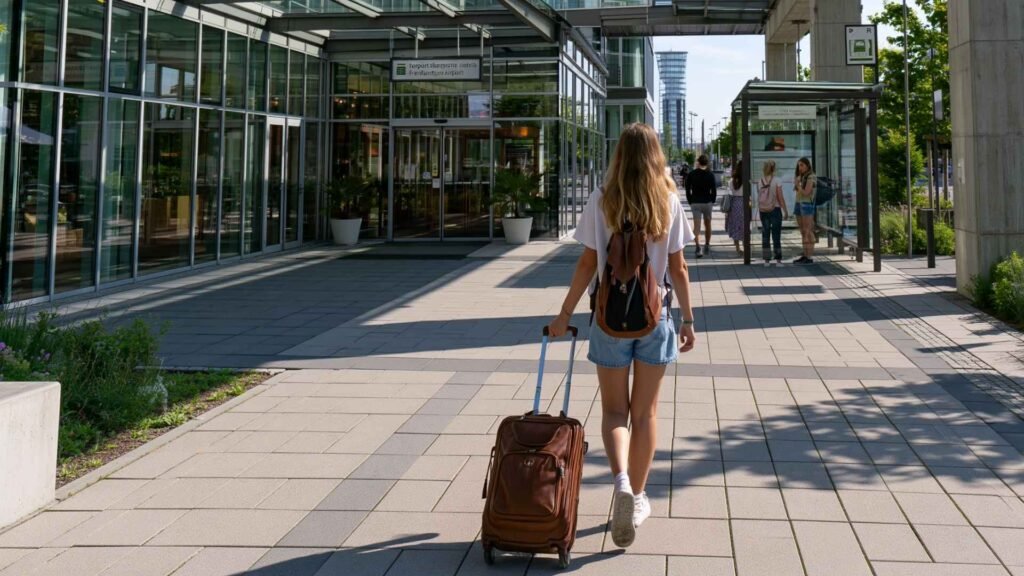 Budget Frankfurt Airport hotel area with traveler walking toward shuttle access point near airport accommodation and transfer routes.