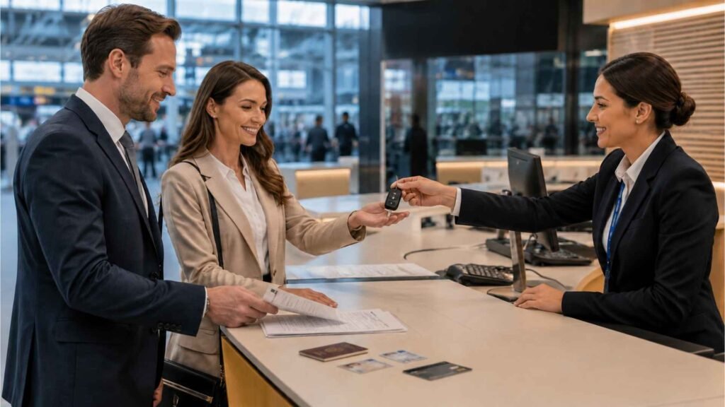 Frankfurt Airport car rental customers completing document verification and receiving vehicle keys at a rental desk
