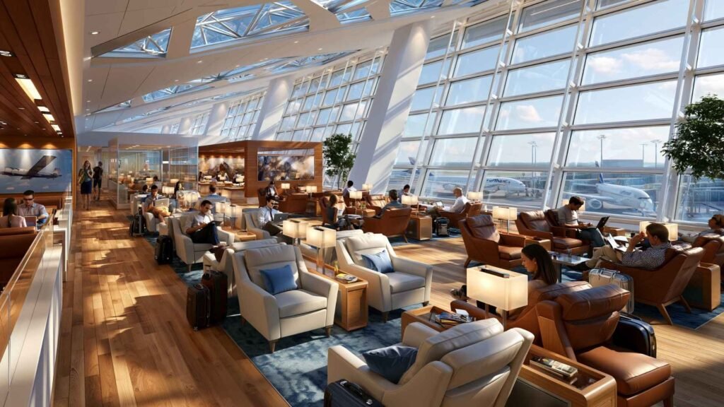 Frankfurt Airport premium lounge environment with spacious seating areas, business travelers, large terminal windows, and carry-on luggage near departure gates.