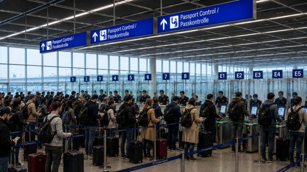 Frankfurt Airport immigration and passport control area showing queues, e-gates, border officers, and arriving passengers.