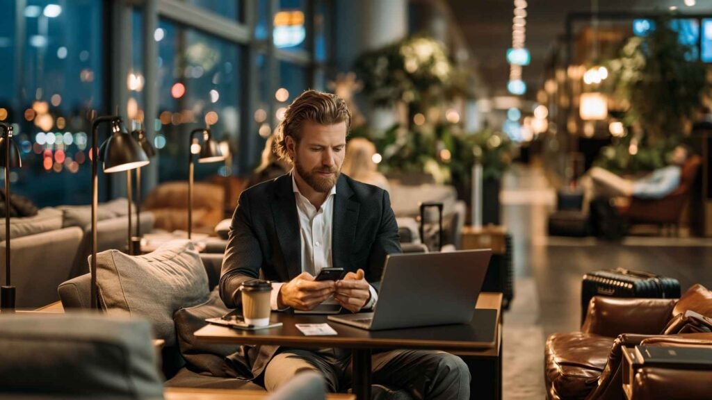 Business traveler using a laptop and smartphone inside a Frankfurt Airport lounge workspace area with carry-on luggage and premium seating during a layover.