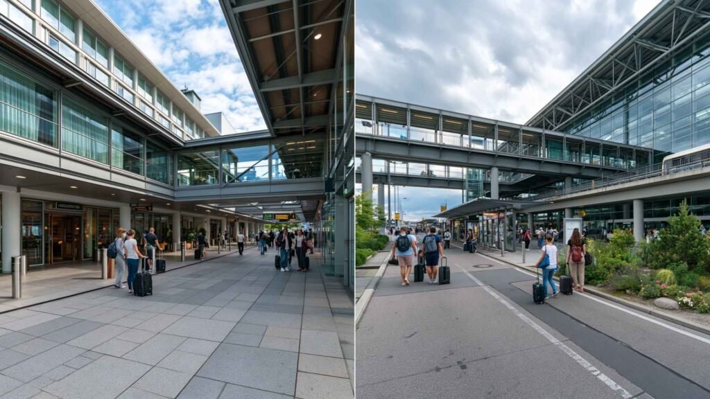 Split-scene comparison showing Frankfurt Airport hotel areas near Terminal 1 and Terminal 2 with transfer routes and airport access infrastructure