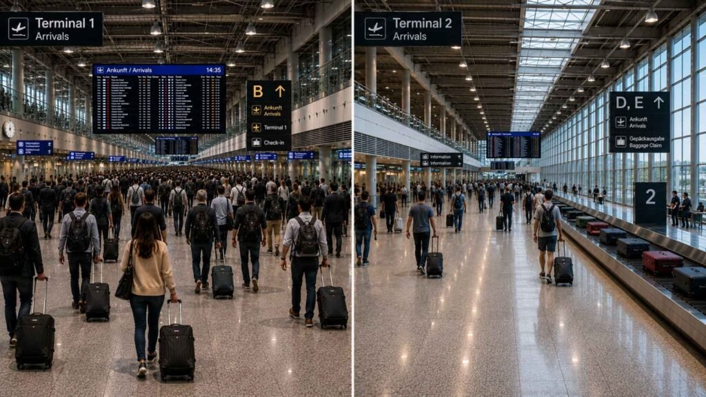 Split-screen comparison of Frankfurt Airport Terminal 1 and Terminal 2 arrivals showing different passenger flows and terminal layouts