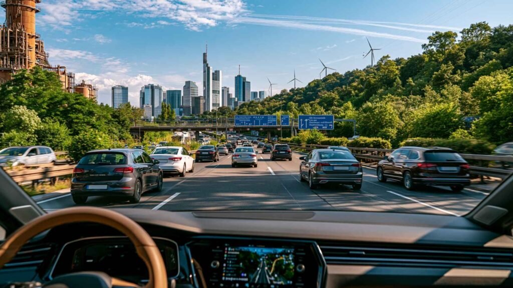 Frankfurt Airport Car Rental driver’s view on the German Autobahn with multi-lane traffic and Frankfurt skyline in the distance