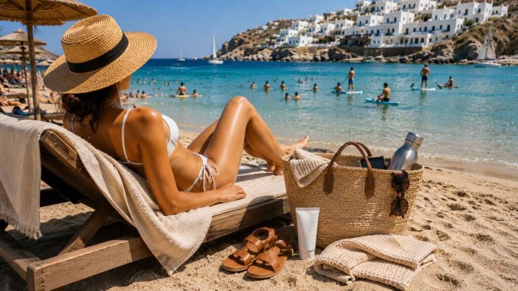 Beach essentials packed beside a sun lounger on a Greek island beach with a straw tote, towel, sunscreen, sandals, and reusable water bottle.