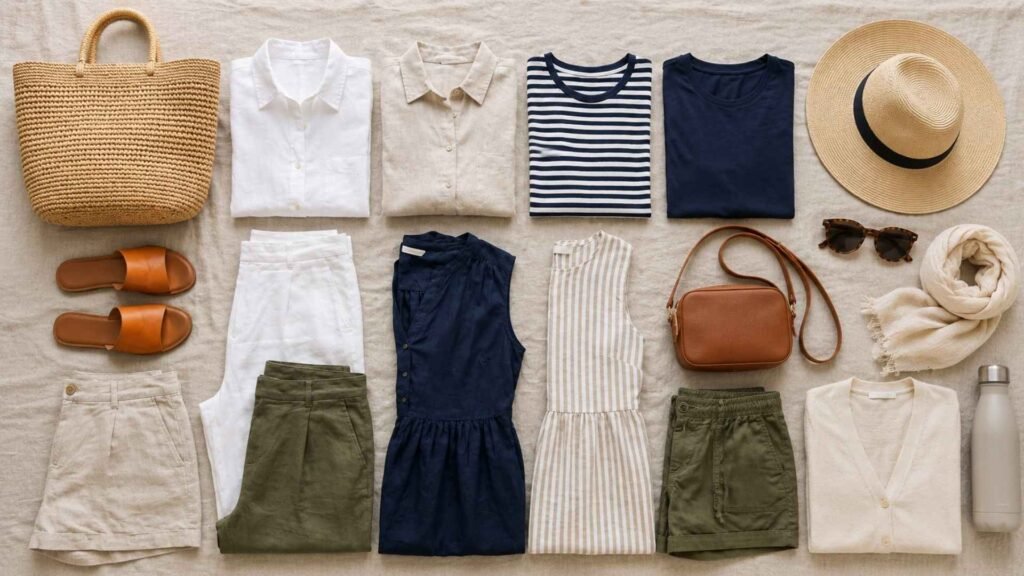 Capsule wardrobe featuring lightweight linen clothing, sandals, accessories, and travel essentials arranged for a summer trip to Greece.