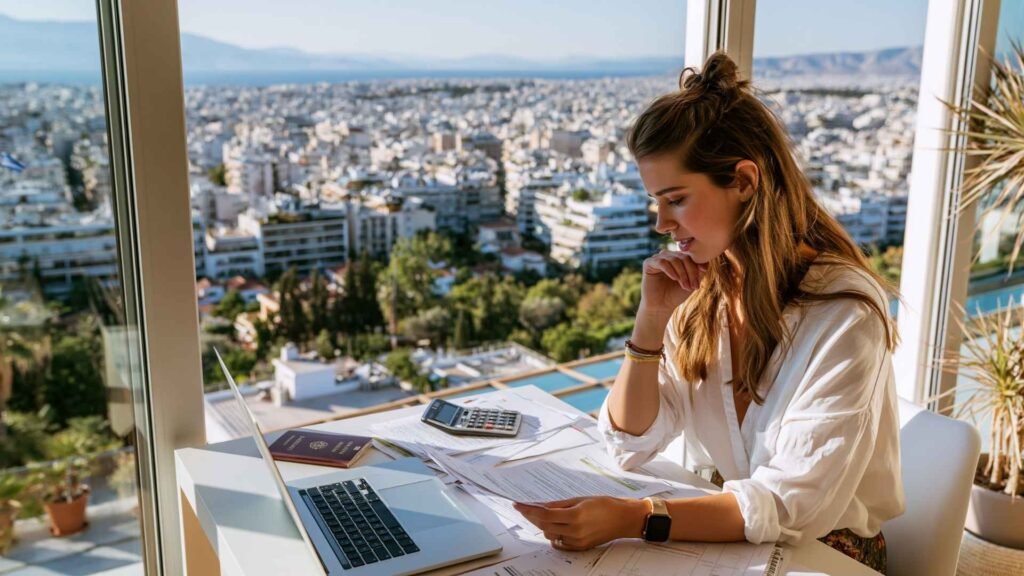 Foreign professional reviewing tax documents and relocation paperwork while planning digital nomad life in Greece