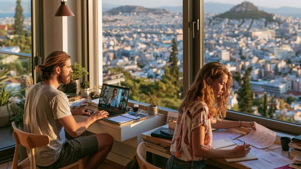 Remote employee and freelancer working from an Athens apartment while managing paperwork, administration, and work responsibilities