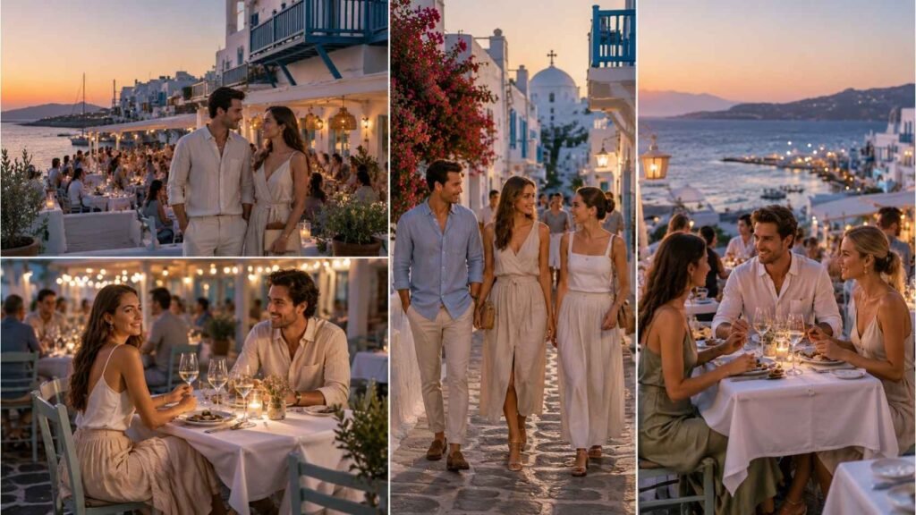 Evening outfit ideas for Greek islands showing linen outfits, rooftop dining looks, and smart casual summer style at sunset.