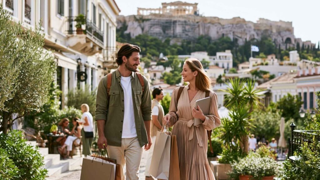Expat couple exploring Athens while planning relocation and long-term life in Greece near the Acropolis