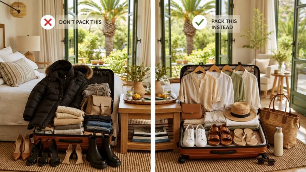 Comparison showing an overpacked suitcase with bulky clothing beside a smartly packed suitcase with lightweight travel essentials for Greece.