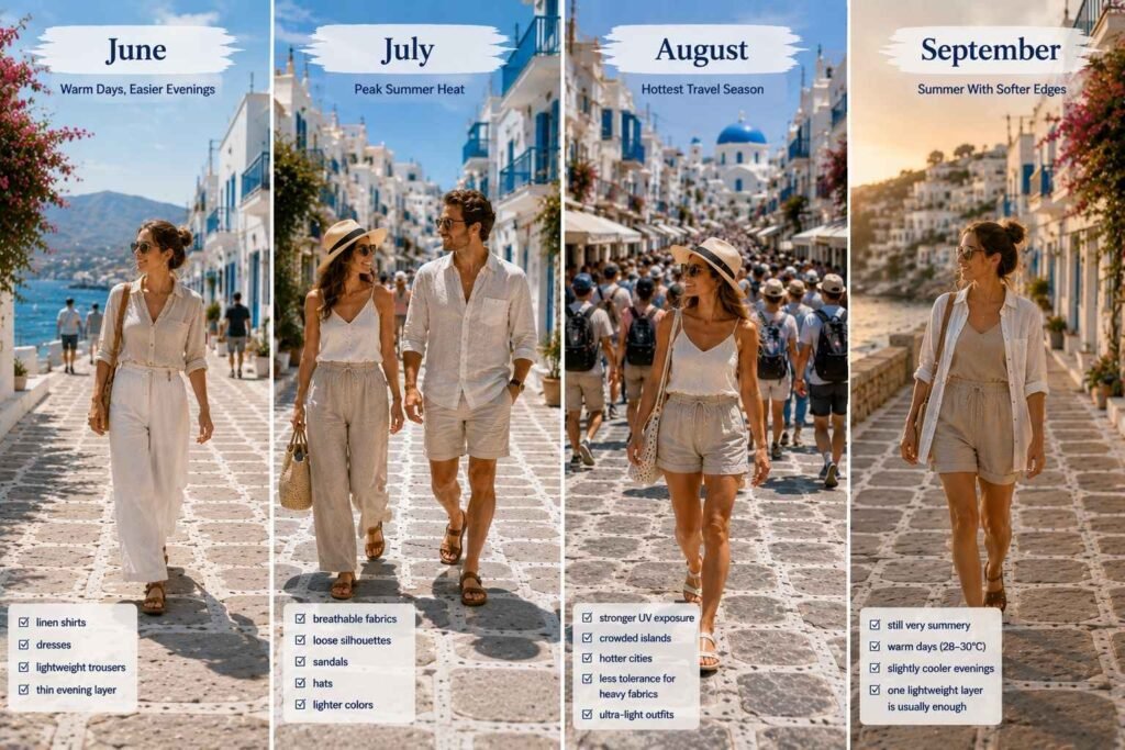 What to wear in Greece in summer by month showing June, July, August and September outfit ideas on Greek islands
