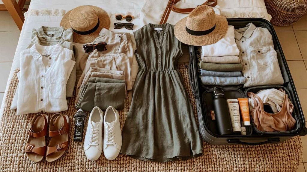 Greece summer packing list example showing lightweight capsule wardrobe pieces, sandals, sneakers, hats, and carry-on packing essentials.