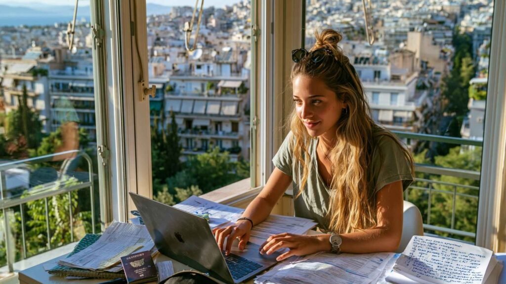 Expat completing online tax filing tasks in Greece while reviewing documents, passport details, and relocation paperwork