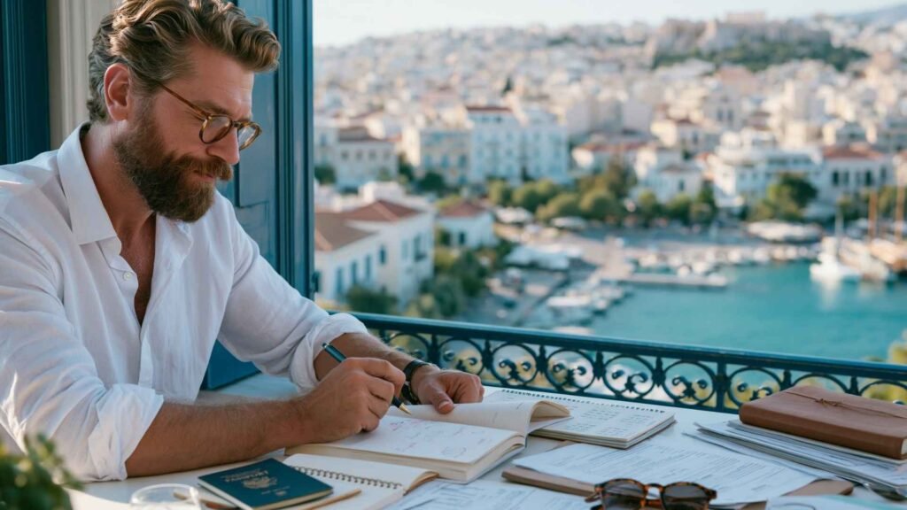 Expat reviewing paperwork and travel notes while planning Greek tax residency and understanding the 183-day rule in Greece