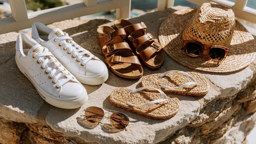 White sneakers, walking sandals, and flip-flops arranged on a stone terrace overlooking the Greek islands for a stylish summer trip.